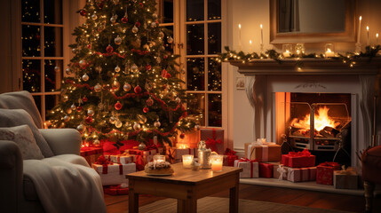 A cozy living room adorned with Christmas decorations and a beautifully lit Christmas tree by a fireplace surrounded by wrapped gifts and presents