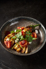 Vertical close-up showcasing the roasted eggplant, garnished with tomatoes, cilantro, and cheese, capturing the essence of pan-asian cuisine on a stone plate.