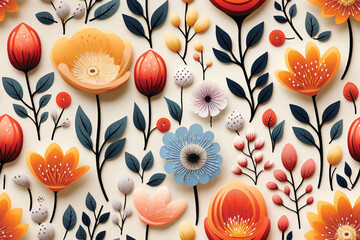 Seamless flower pattern For the design of the wallpaper or fabric, vintage style. Blooming flower painting for summer. Drawing of a branch with leaves and floral. Poppies orange. - obrazy, fototapety, plakaty