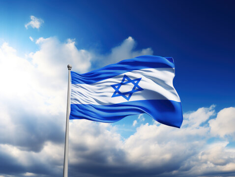 Israel flag waving in the blue sky. National flag of Israel.