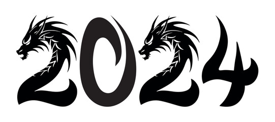 New Year 2024 calendar numbers with the Dragon silhouette