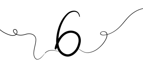 Number 6 line art drawing on white background. 6th birthday. Minimal vector illustration