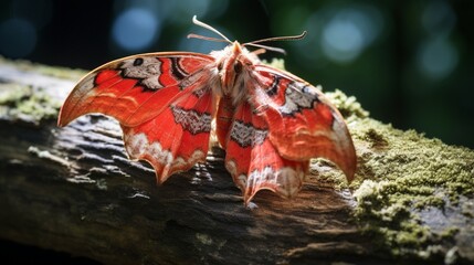 Close-up of a red moth feeding on tree sap in nature, butterfly.