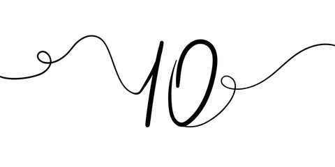 Number 10 line art drawing on white background. 10th birthday continuous drawing contour. Minimal vector illustration