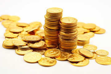 Golden coins and ingots for Asian New Year prosperity isolated on a white background 