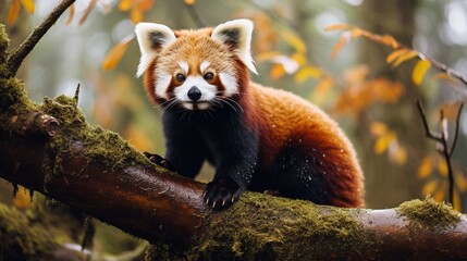 Fototapeta premium Red panda on a tree in the forest