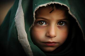 Portrait of a little young palestinian girl in a green scarf - obrazy, fototapety, plakaty