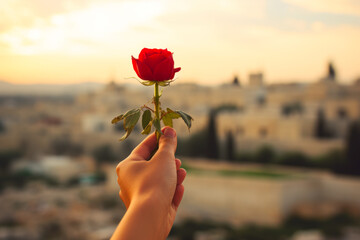 Woman hand holding red rose on the background of the city of Gaza Strip - obrazy, fototapety, plakaty