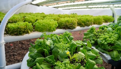 Green vegetables in a cultivation dome, without using soil, on an organic farm in Thailand. They are non-toxic food.