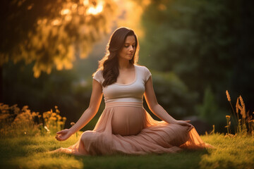 Young pregnant woman doing yoga or exercise at park - obrazy, fototapety, plakaty