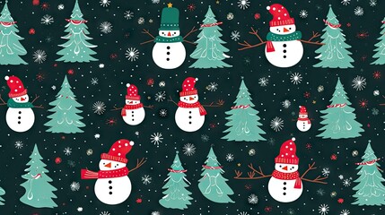  a snowman and christmas trees on a black background with snow flakes.  generative ai