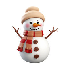 Cute snowman in 3D cartoon style isolated  on transparent background