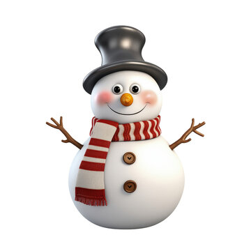 Cute snowman in 3D cartoon style isolated  on transparent background