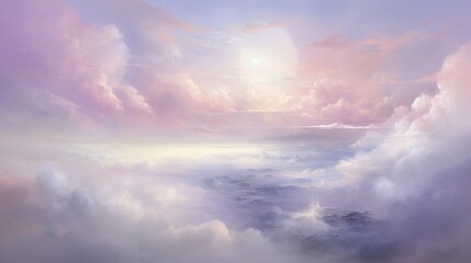 Obraz premium a painting of a sky with clouds and the sun in the distance. generative ai