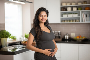 pregnant woman standing at kitchen and cooking healthy food for herself. - obrazy, fototapety, plakaty