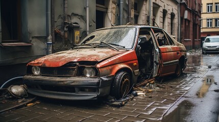 Riga, - a broken automobile with the hood open and no driver.