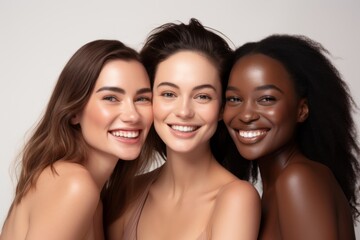 Beauty portrait of a diverse group of beautiful women posing together against a light grey studio background.