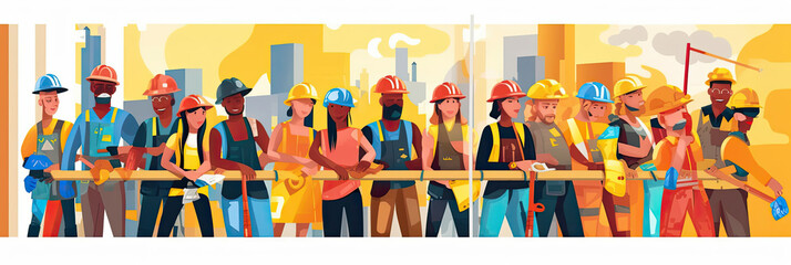 Builders and construction workers in helmets. Diverse people working in building industry, architect, painter, engineers and repairman isolated line art flat vector illustration. Generative Ai