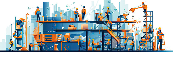 Builders and construction workers in helmets. Diverse people working in building industry, architect, painter, engineers and repairman isolated line art flat vector illustration. Generative Ai - obrazy, fototapety, plakaty