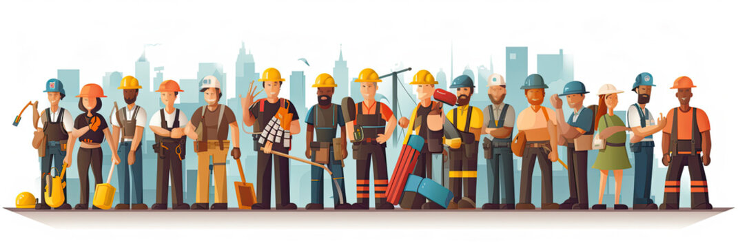 Builders and construction workers in helmets. Diverse people working in building industry, architect, painter, engineers and repairman isolated line art flat vector illustration. Generative Ai