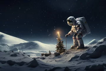 Zelfklevend Fotobehang an astronaut celebrates the New Year in space, a Christmas tree in zero gravity, holiday decorations and a Christmas tree in space © Anastasiya