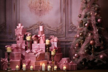 pink festive interior for Christmas, candles, gifts and Christmas tree