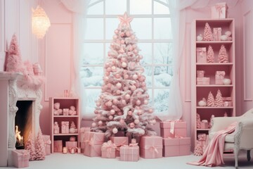 pink festive interior for Christmas, candles, gifts and Christmas tree