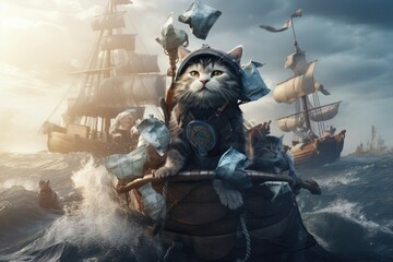 Naklejka premium pirate cats are sailing on a ship in the sea