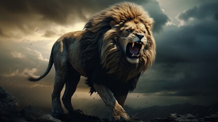 The roaring lion against the stormy sky.