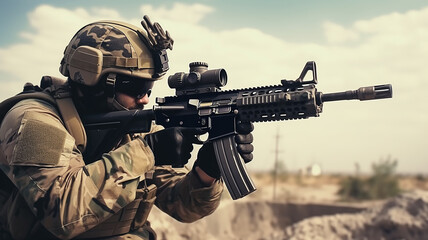Fototapeta premium Soldier holding a gun on the battlefield