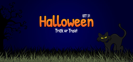 Halloween illustration of a black cat with a night background and grass silhouette