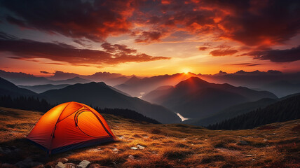 Orange tent glowing at mountains in evening.