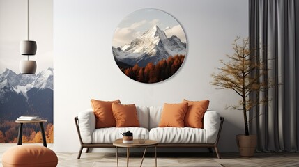  a living room with a white couch and a round mirror on the wall.  generative ai - obrazy, fototapety, plakaty