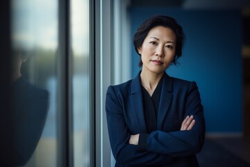 smart elegance female adult businesswoman standing smile confident and cheerful wear formal suit portrait shot in modern interior office background