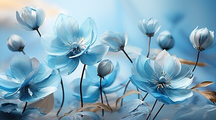 Naklejka premium a group of blue flowers with leaves on a blue background. generative ai