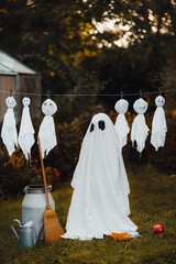 Kind im Geister Kostüm steht vor einer Wäscheleine die behangen ist mit kleinen Geistern. Im Hintergrund ist herbstliches Laub und grüne Wiese mit Bäumen. - 659406613