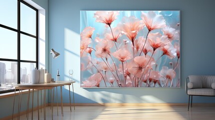  a painting of pink flowers on a blue wall next to a window.  generative ai