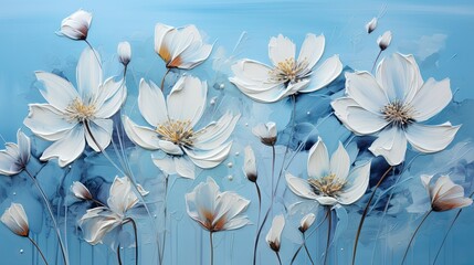  a painting of white flowers on a blue background with water.  generative ai