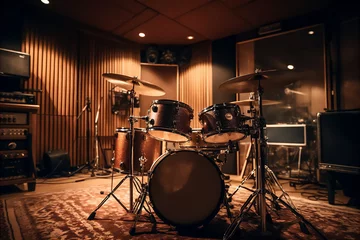 Tapeten AI generative image of drum set in warm-lit studio © skumer