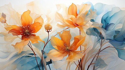 Fototapeta na wymiar a painting of orange flowers on a white background with blue and yellow petals. generative ai