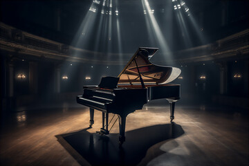 A piano set up on the stage of a concert hall with rows of seats - obrazy, fototapety, plakaty