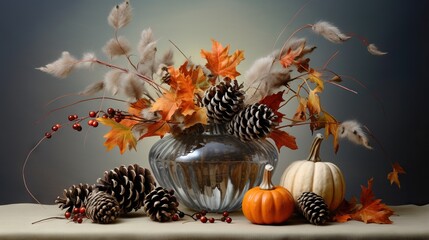  a vase filled with lots of different types of autumn decorations.  generative ai