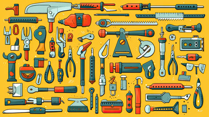 Construction tools, Cartoon caricature tools, Different instruments. Screwdriver, saw, brush, hammer, knife, scissors, wrench, etc. Hand drawn Vector set. All elements are isolated. Generative Ai