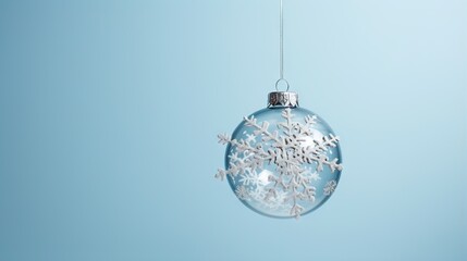  a glass ornament with snowflakes hanging from a chain.  generative ai