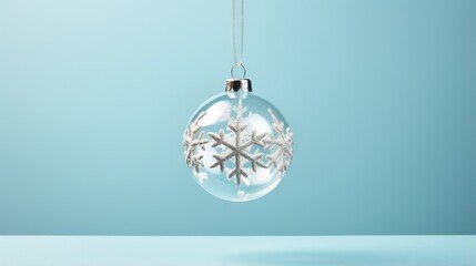  a glass ornament with snowflakes hanging from a chain.  generative ai