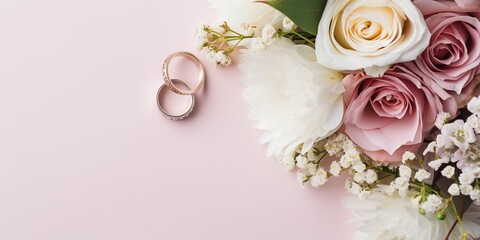 A beautifully arranged flat lay featuring a delicate bridal bouquet and gleaming wedding rings, providing ample empty space for customized text or designs.