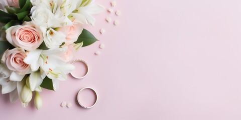 A beautifully arranged flat lay featuring a delicate bridal bouquet and gleaming wedding rings, providing ample empty space for customized text or designs. - Powered by Adobe