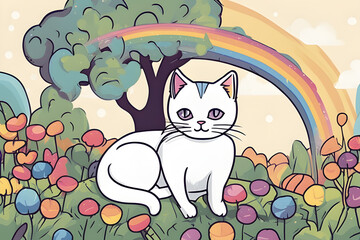 a cat lying under a tree under a rainbow garden,
generative AIp