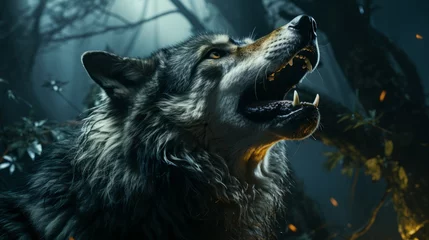 Foto op Plexiglas A howling wolf in the forest under the moonlight © senadesign