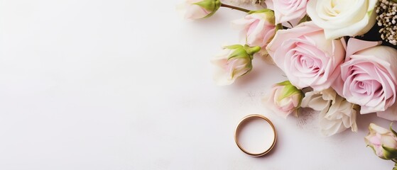 A beautifully arranged flat lay featuring a delicate bridal bouquet and gleaming wedding rings, providing ample empty space for customized text or designs.
